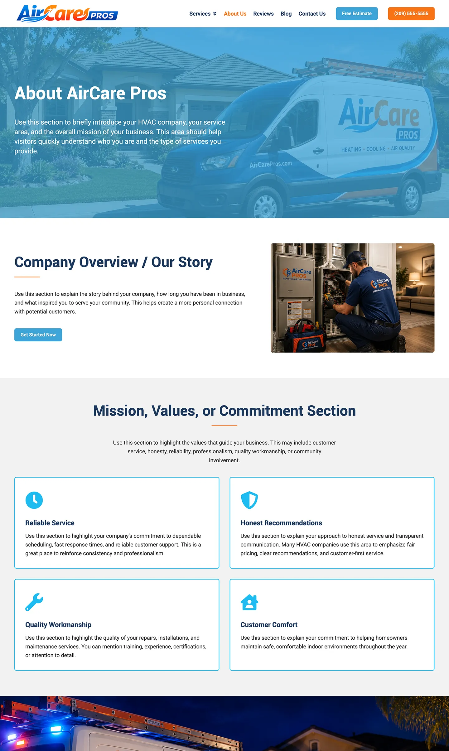 HVAC company about page template featuring company history, mission, values, and team information