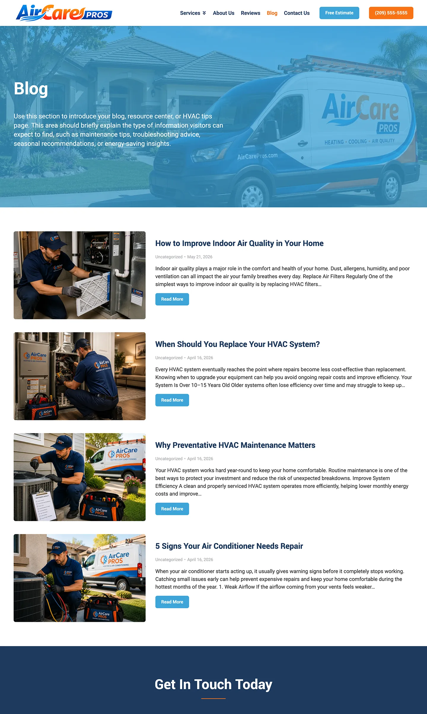 HVAC blog page template featuring maintenance tips, repair advice, and industry articles
