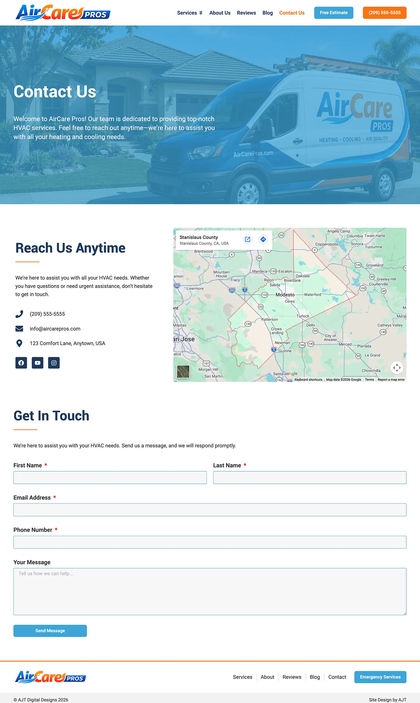 HVAC contact page template with contact form, service area map, and business information