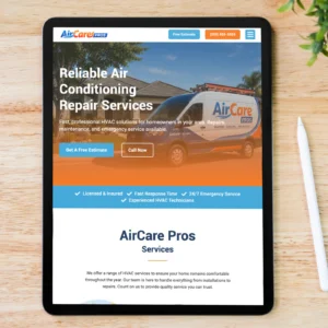 HVAC service landing page template displayed on a tablet device