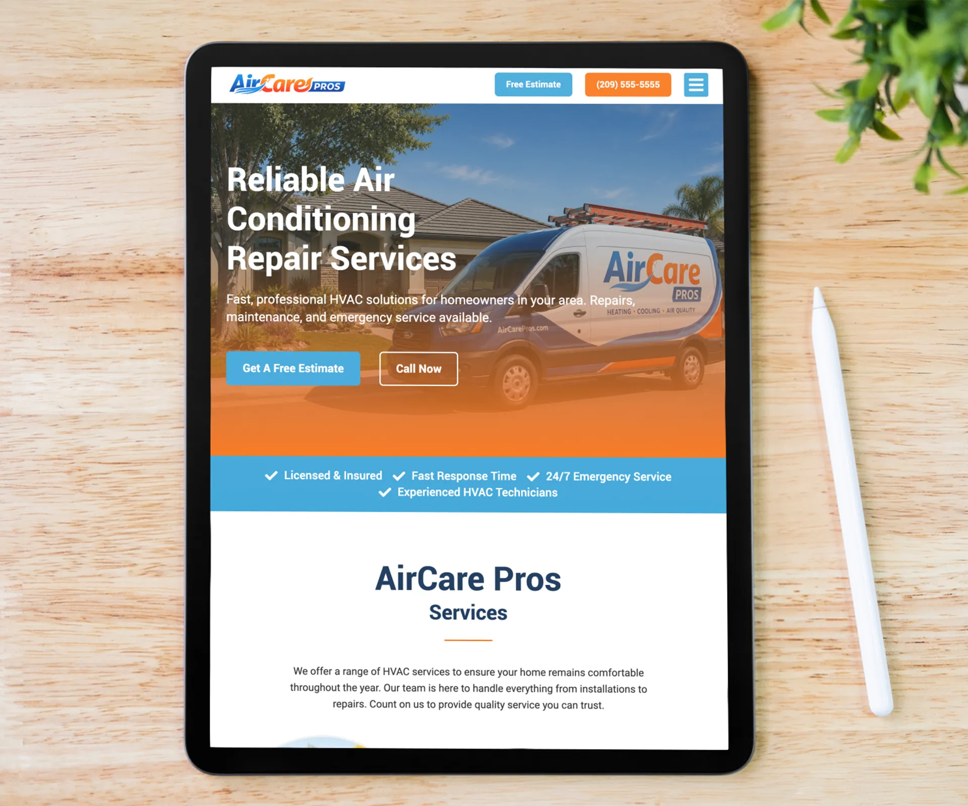 HVAC service landing page template displayed on a tablet device