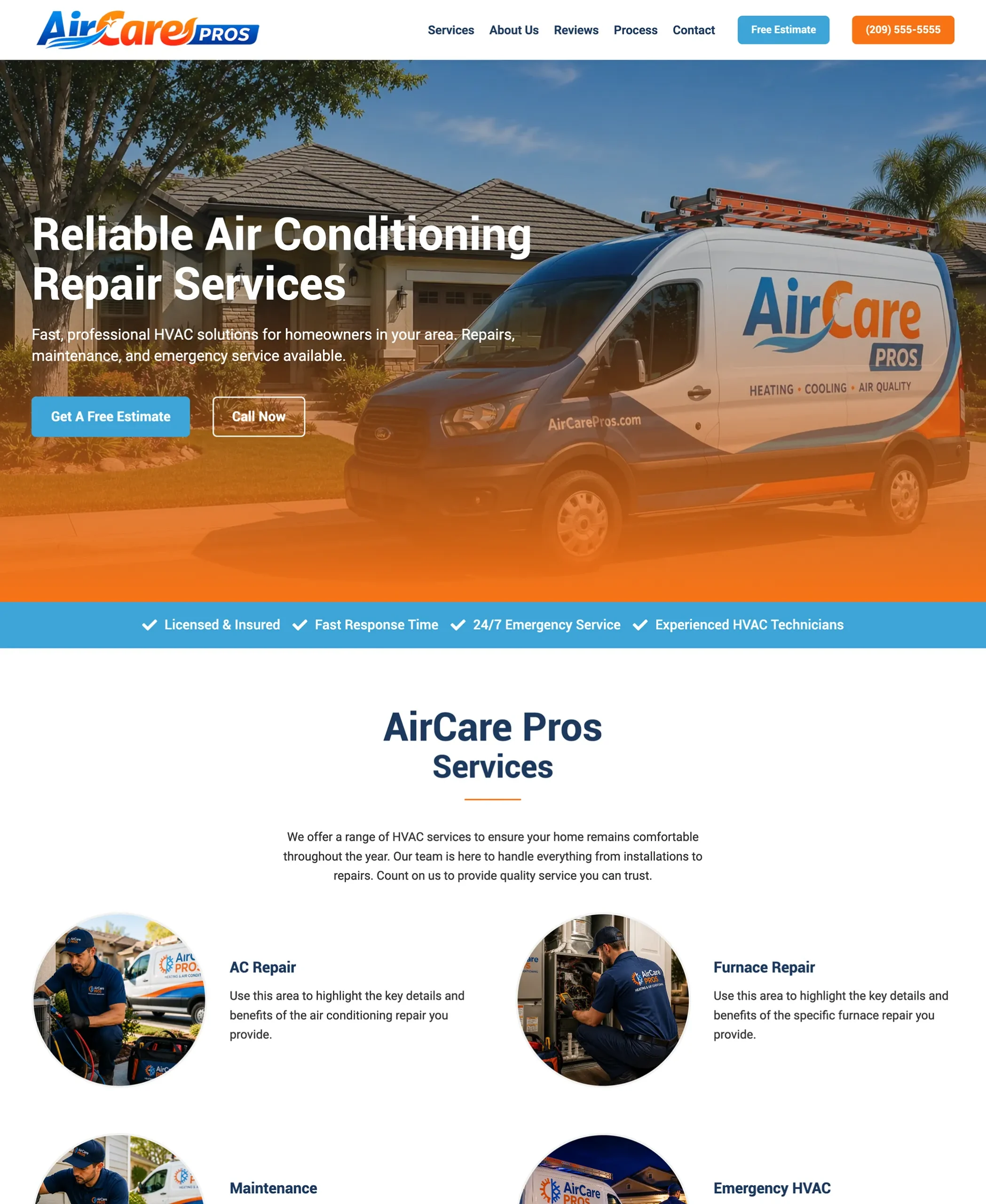HVAC landing page template featuring hero section, service highlights, and company introduction content
