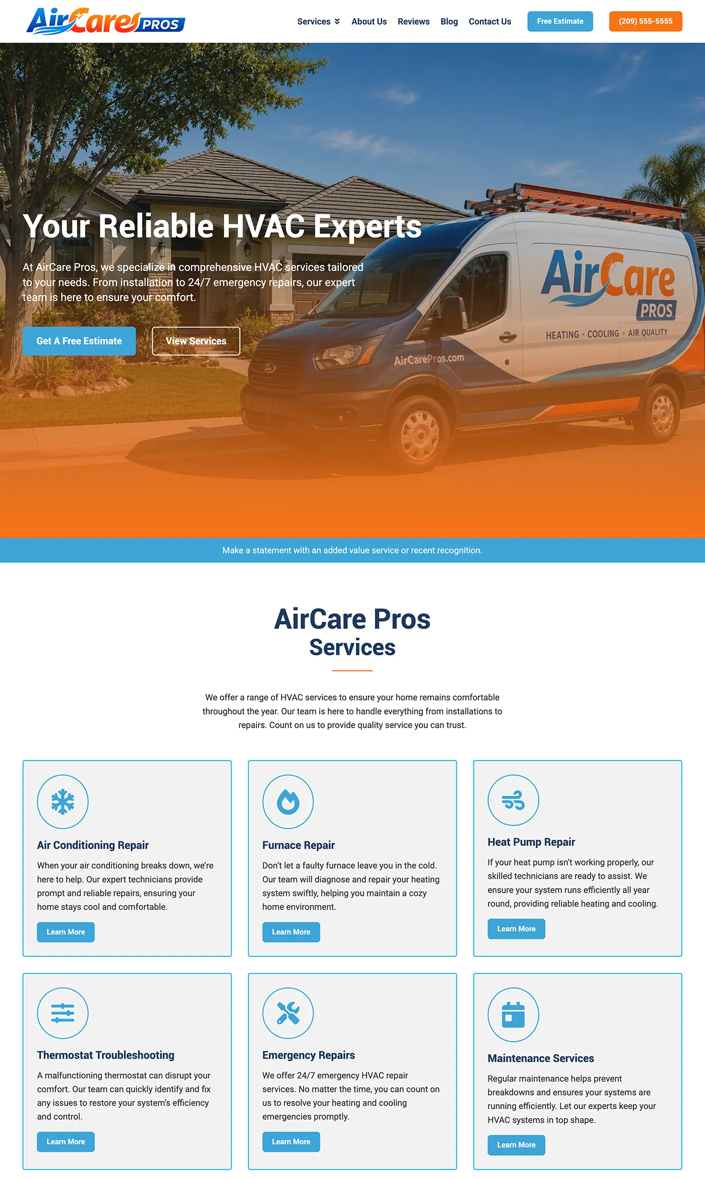 HVAC company homepage template featuring services, company information, and call-to-action sections