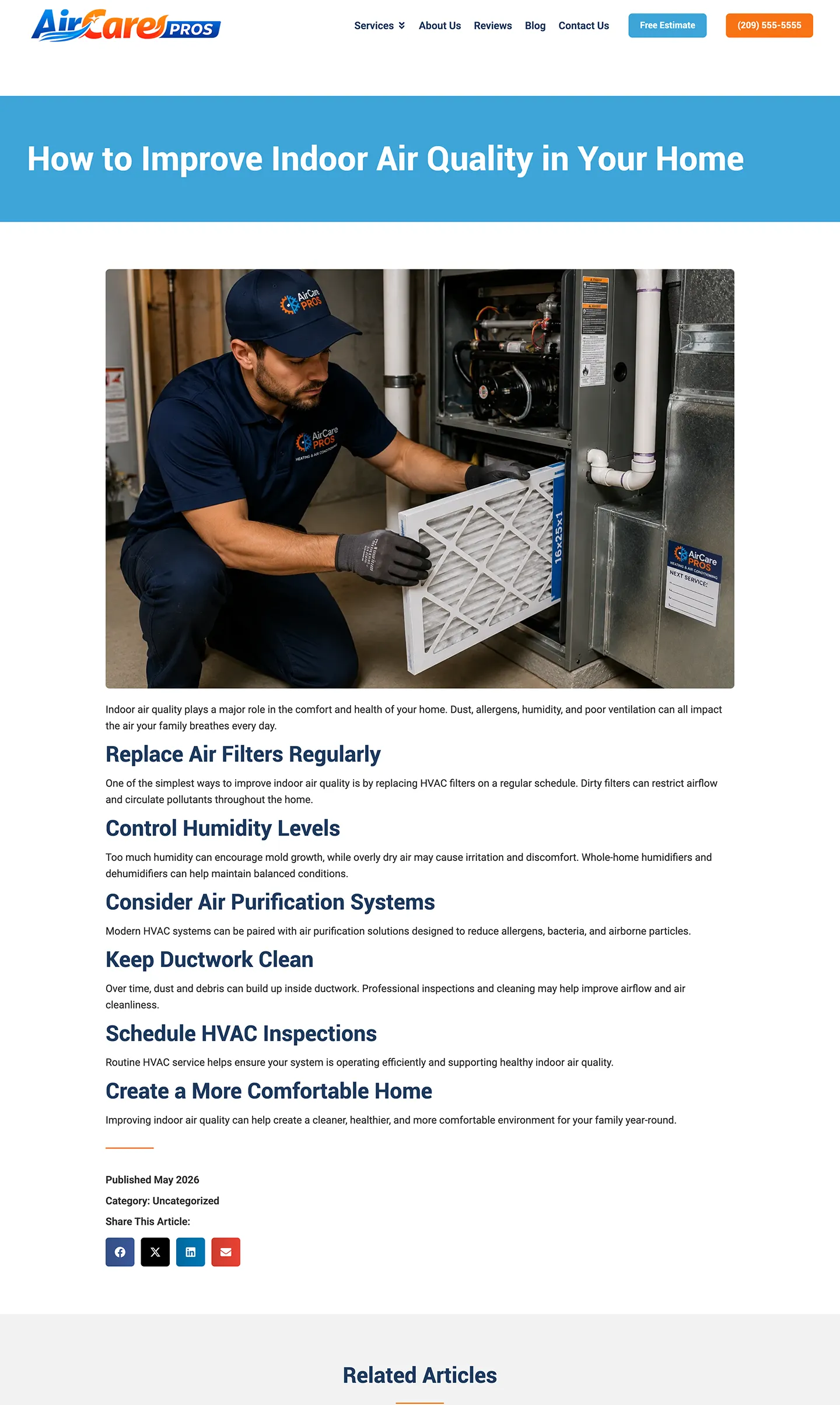 HVAC blog article template featuring educational content, service tips, and related resources