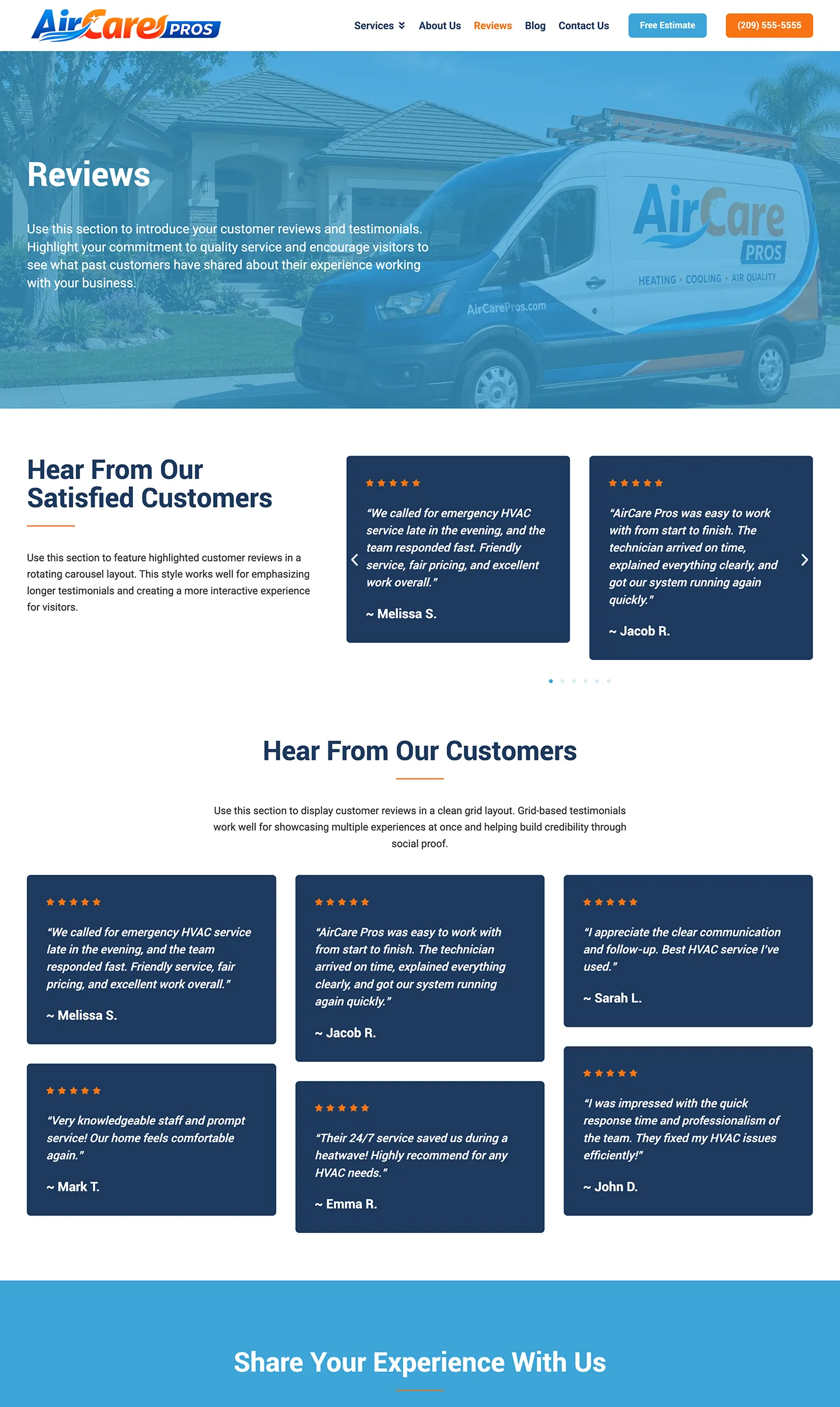 HVAC customer reviews and testimonials page template showcasing client feedback and service experiences