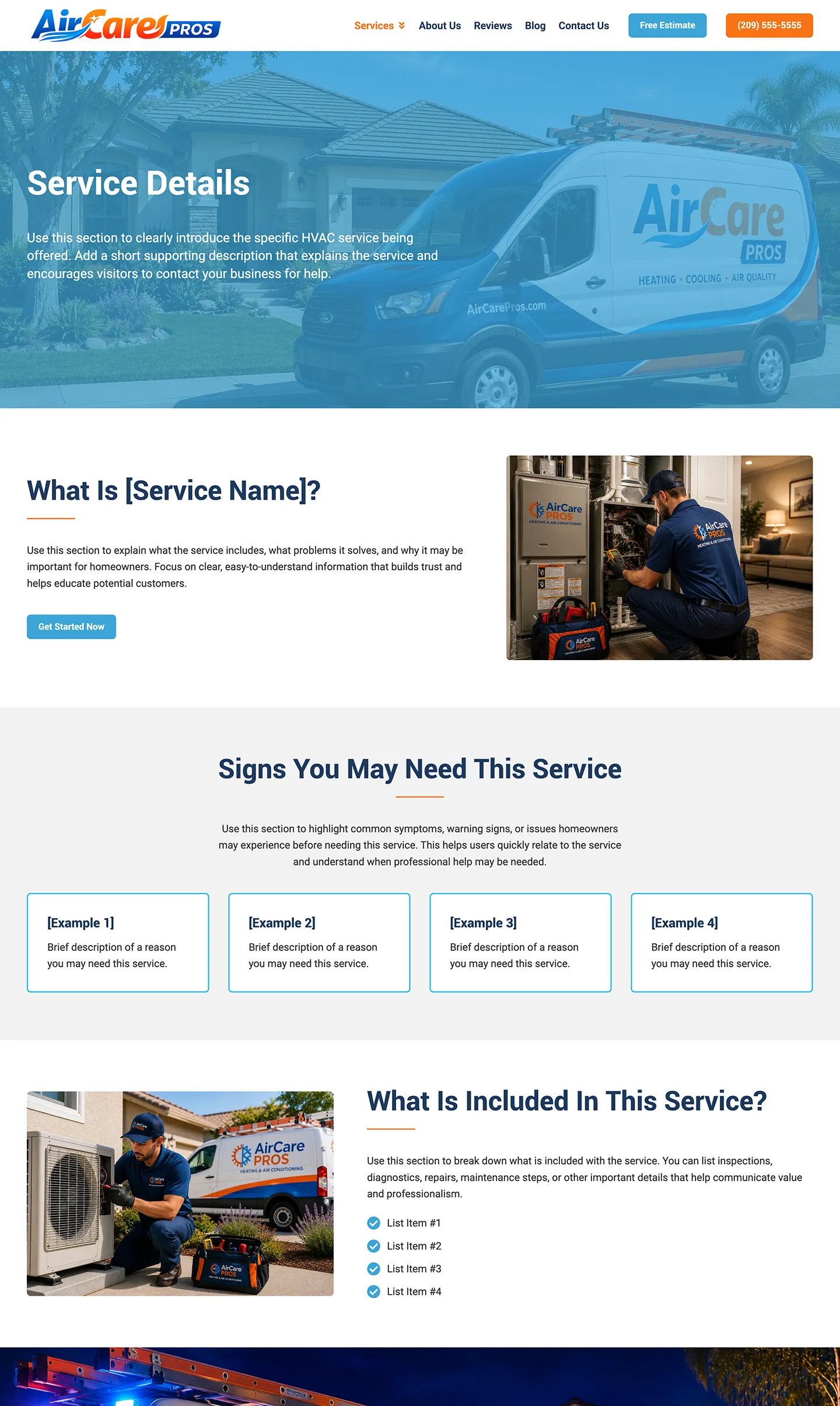 HVAC service detail page template highlighting service information, benefits, and common repair indicators