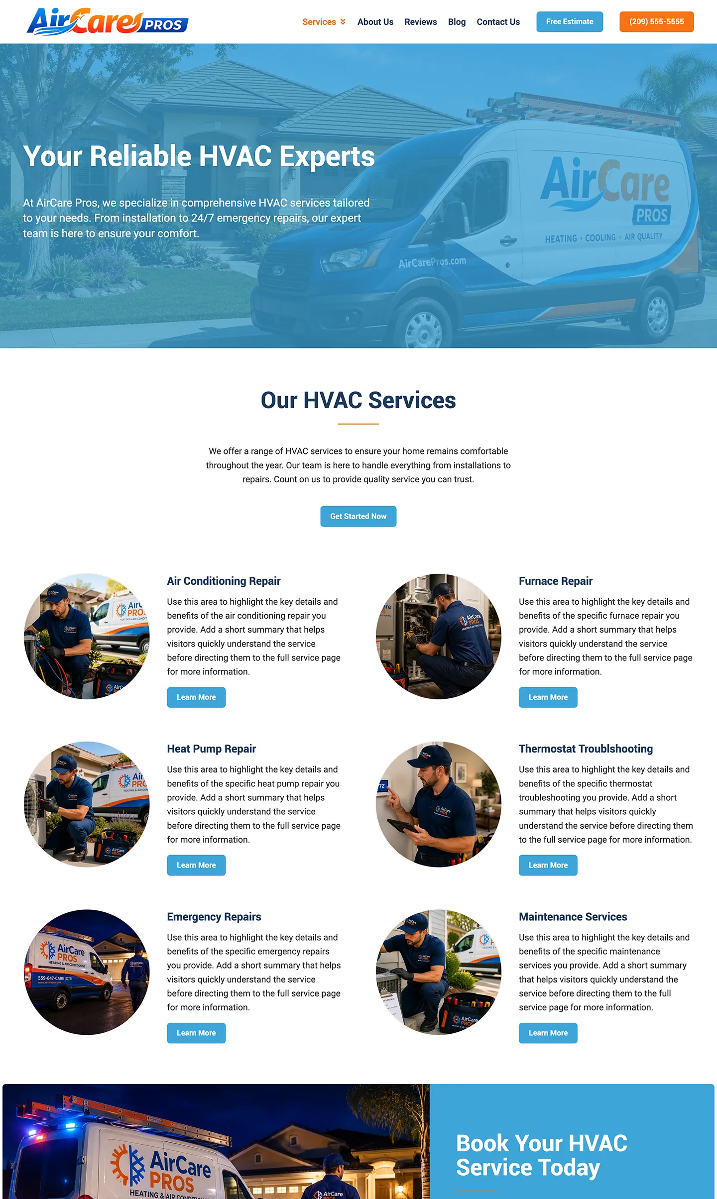 HVAC services page template showcasing heating, cooling, maintenance, and repair services