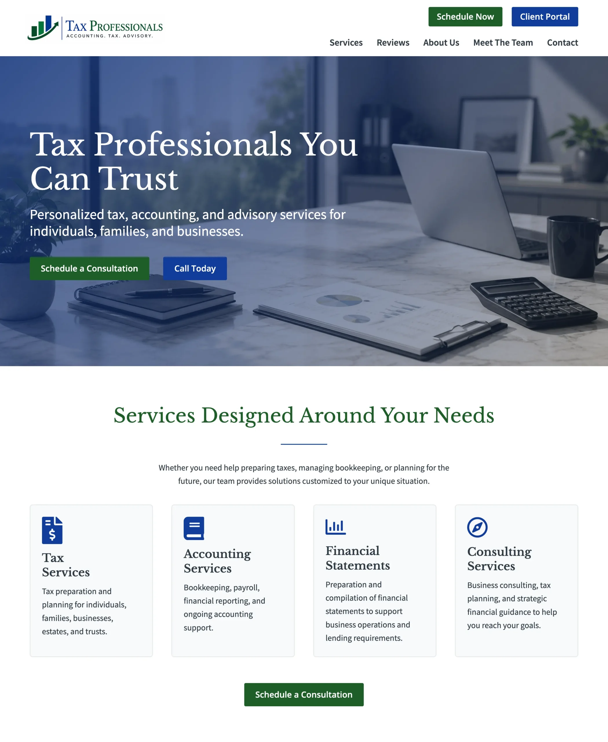 Hero section and services overview of the Tax Professionals Landing Page Template featuring tax, accounting, financial statement, and consulting service sections with clear calls-to-action.