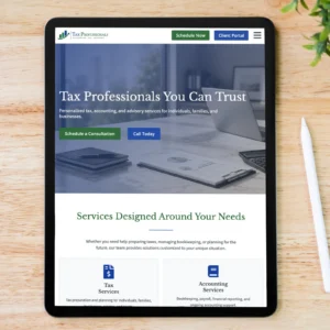 Tax Professionals Landing Page Template displayed on a tablet featuring a professional WordPress landing page for accountants, CPAs, tax preparers, and financial advisors.