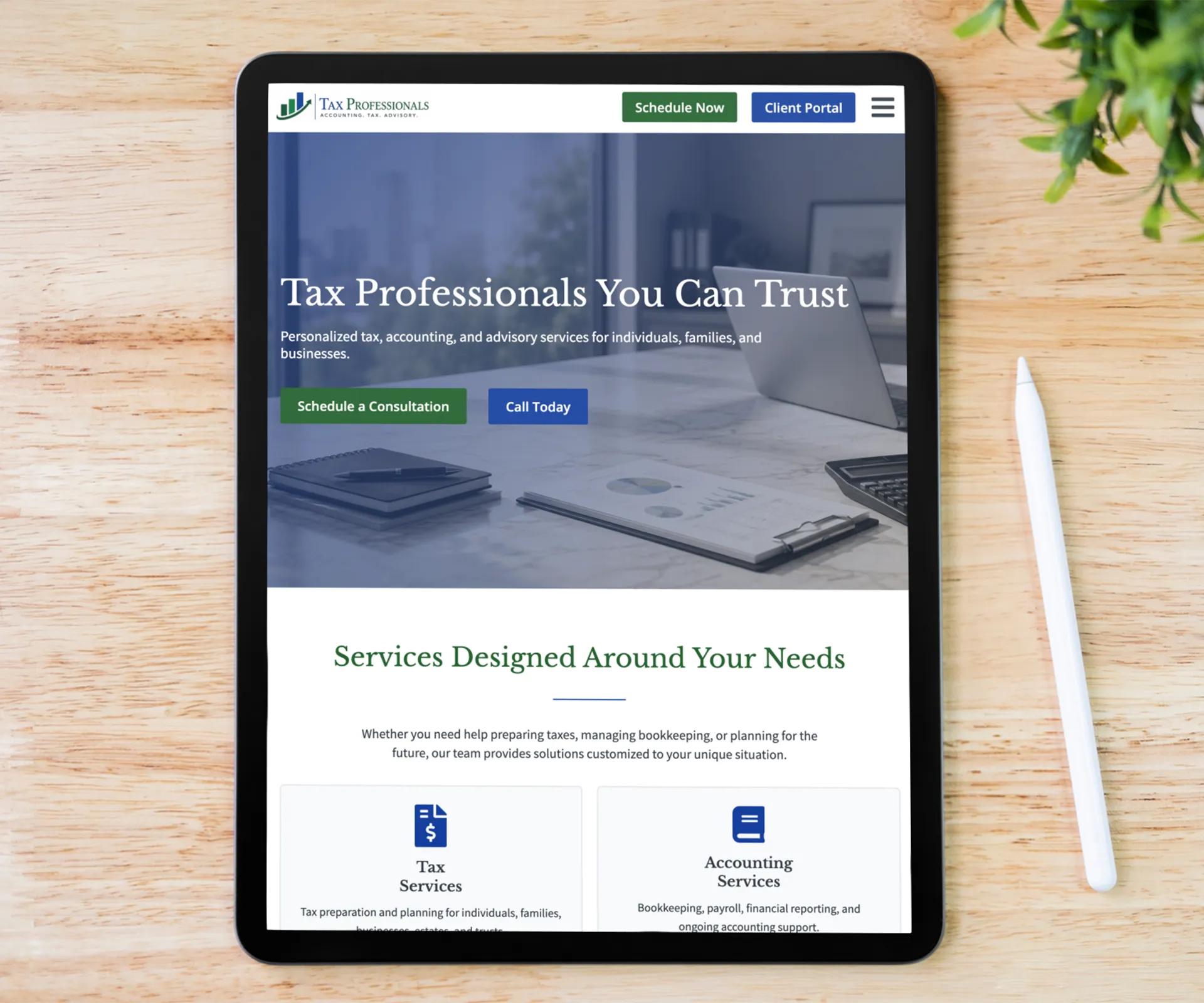 Tax Professionals Landing Page Template displayed on a tablet featuring a professional WordPress landing page for accountants, CPAs, tax preparers, and financial advisors.