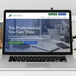 Tax Professionals Full Website Template displayed on a laptop featuring a professional WordPress accounting website for tax, bookkeeping, and advisory firms.