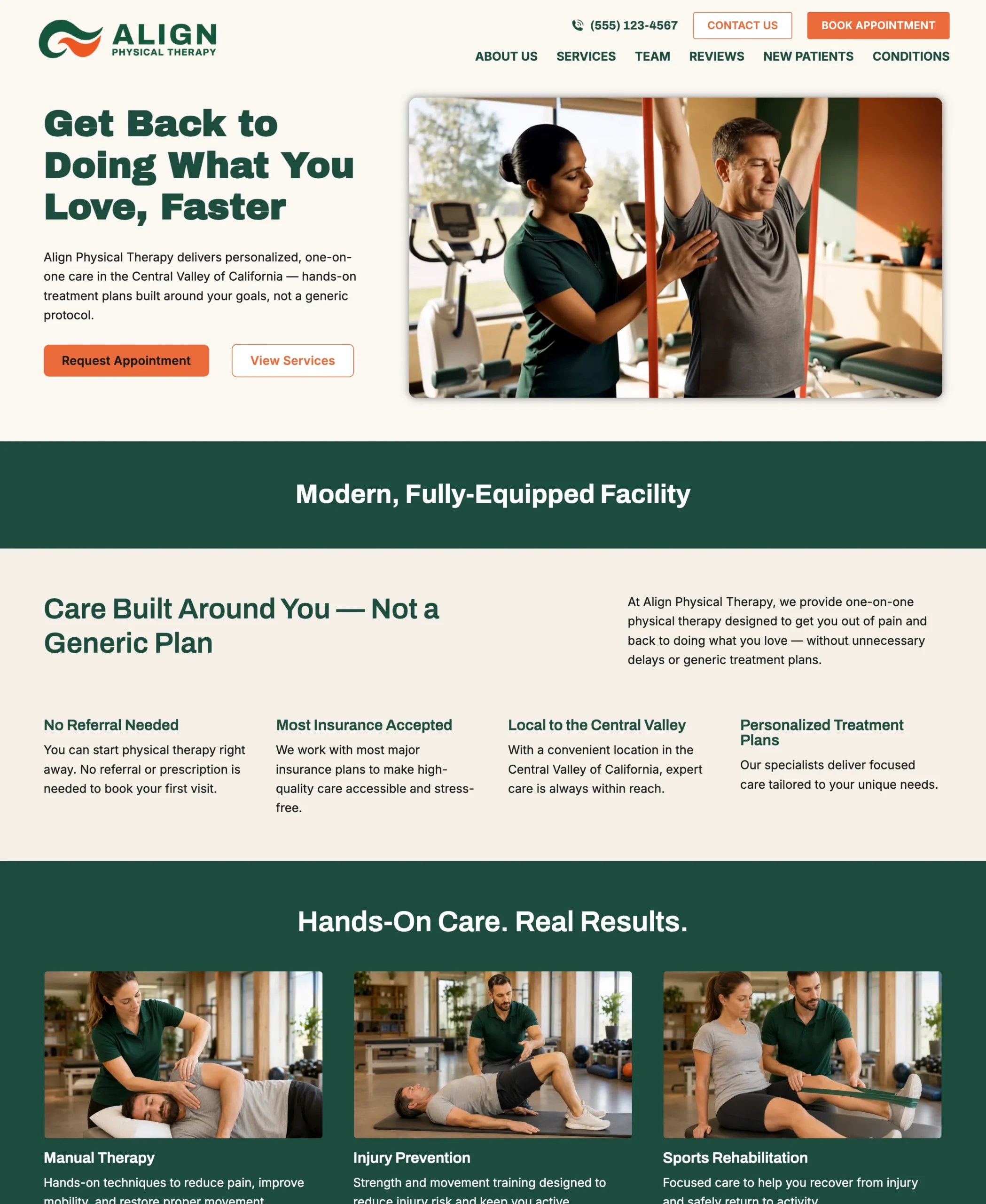 Physical therapy landing page template homepage design with hero image, appointment scheduling buttons, and a four-column trust section highlighting no-referral, insurance, and personalized care messaging.