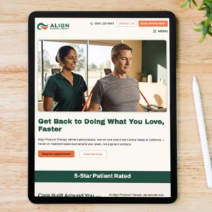 Physical therapy landing page template homepage hero section shown on tablet, featuring a video of a therapist guiding a patient through a resistance band exercise with appointment booking buttons.