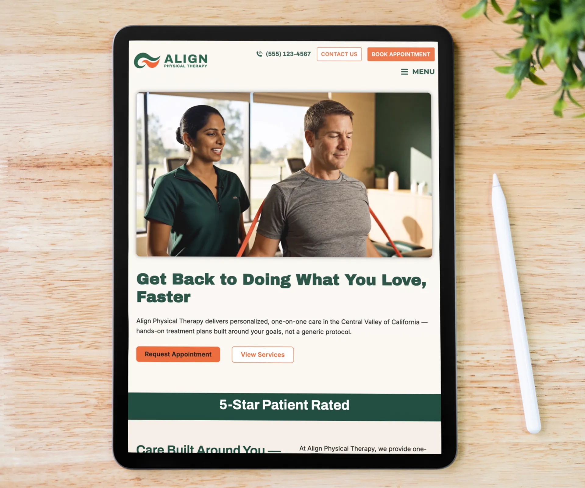 Physical therapy landing page template homepage hero section shown on tablet, featuring a video of a therapist guiding a patient through a resistance band exercise with appointment booking buttons.