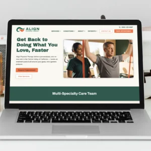 Laptop screen showing the Align Physical Therapy website template homepage, featuring a therapist-patient hero image in a forest green and orange design.
